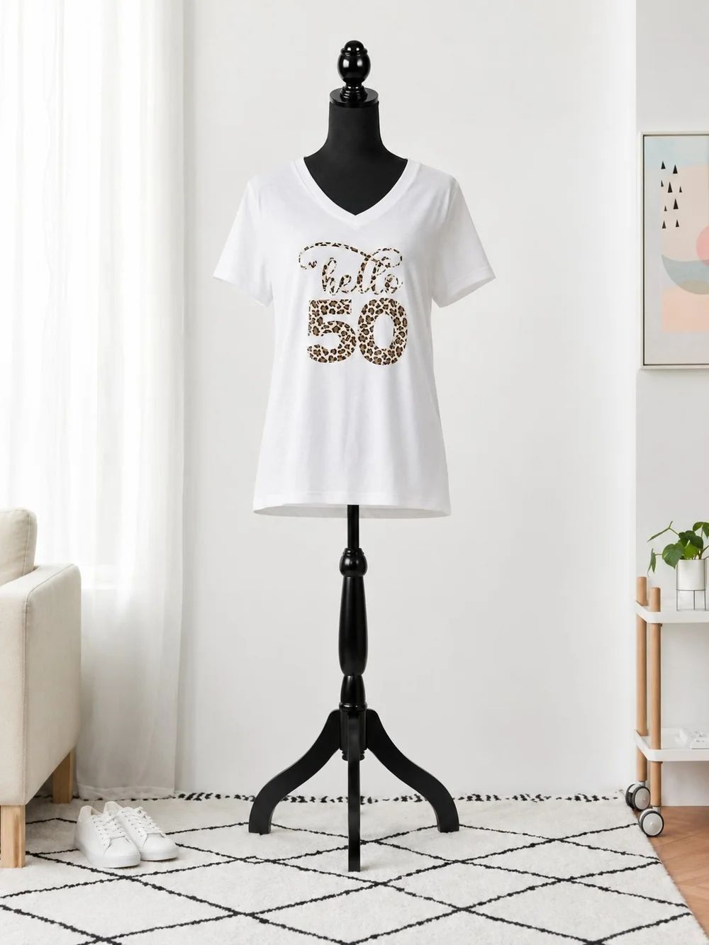 George Hello 50 Leopard  White Crew Tee with Light Gray Neck Print